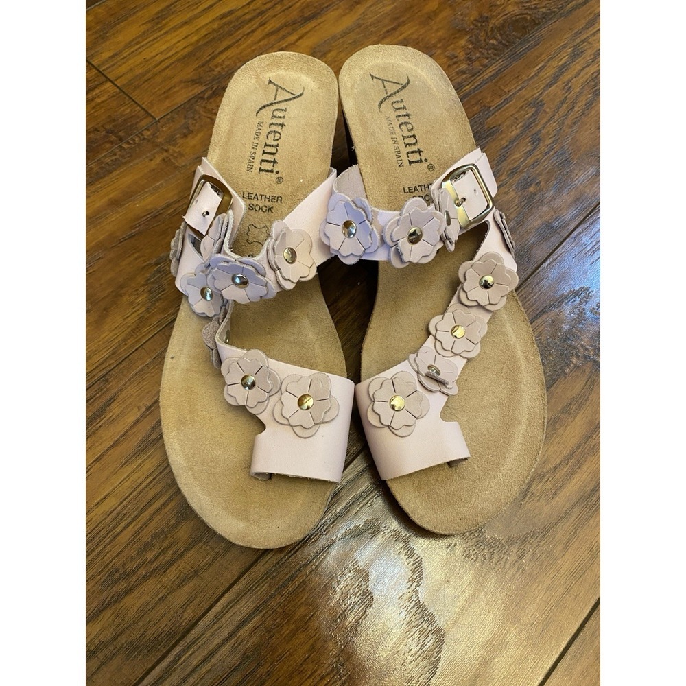 NEW Autenti Spain Leather Floral Pink Toe Thong Sandal Wedge Womens Sz 39 8.5